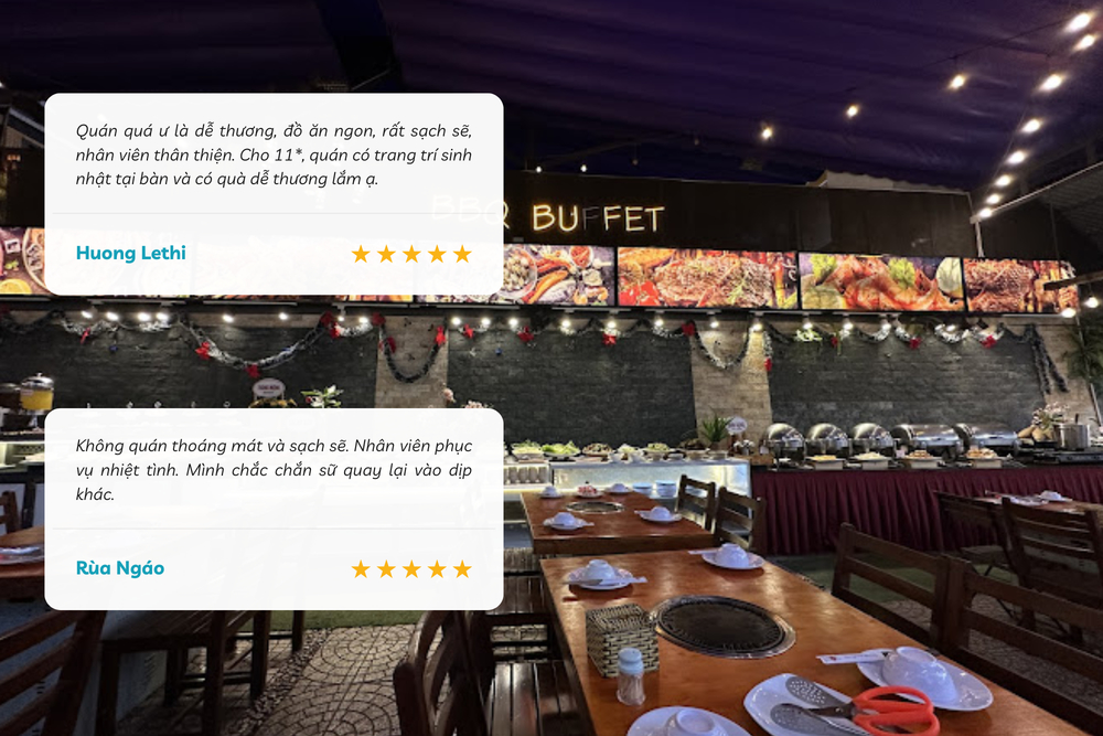 BBQ Garden Đà Lạt có không gian thoáng mát, sạch sẽ, đặc biệt có dịch vụ trang trí bàn tiệc theo yêu cầu của thực khách